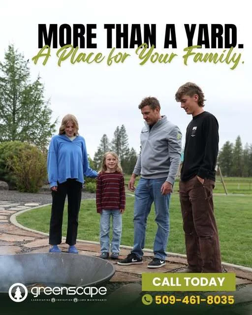 Greenscape social graphic — a family of four standing around a fire pit on a paved patio at dusk, over the headline “More than a yard. A place for your family.”
