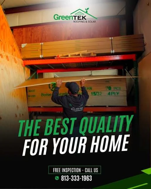 Greentek social graphic — a crew member pulling a sheet of plywood from a warehouse rack, over the headline “The best quality for your home” with a free inspection line and the phone number