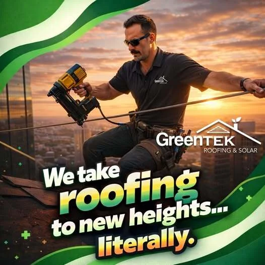Greentek social graphic — a roofer on a rope line running a nail gun on a high-rise at sunset, over the headline “We take roofing to new heights… literally”
