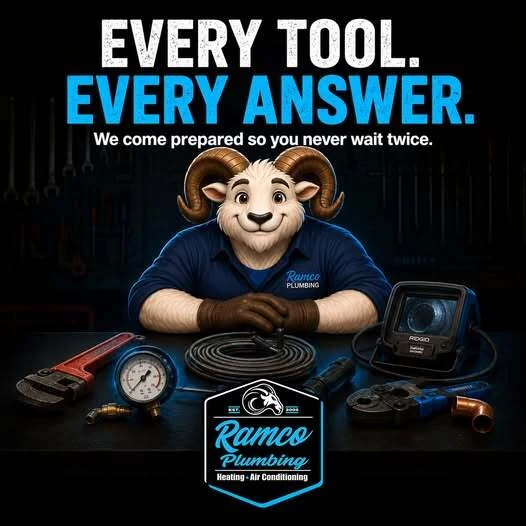 Ramco social graphic — the ram mascot at a workbench laid out with a pipe wrench, press tool and inspection camera, over the headline “Every tool. Every answer. We come prepared so you never wait twice.”